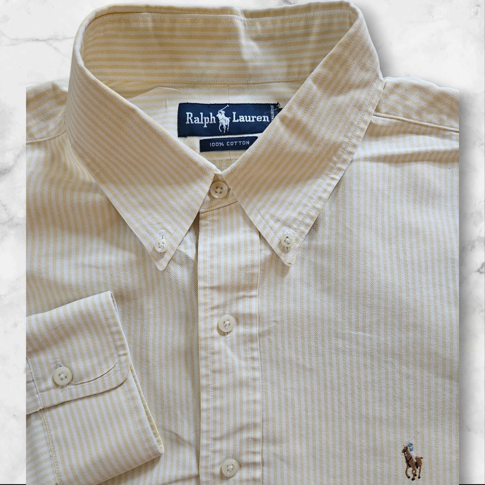 Ralph Lauren Men's 17 1/2 35 Dress Shirt Yellow White Stripe Classic Fit Button